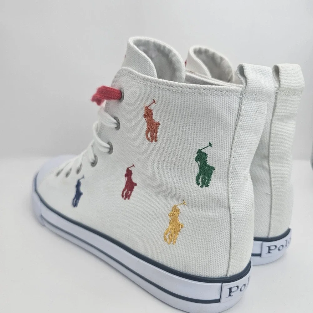 Polo Ralph Lauren Boys Sz 6.5 Hamptyn II White Multicolor Canvas HighTop Sneaker